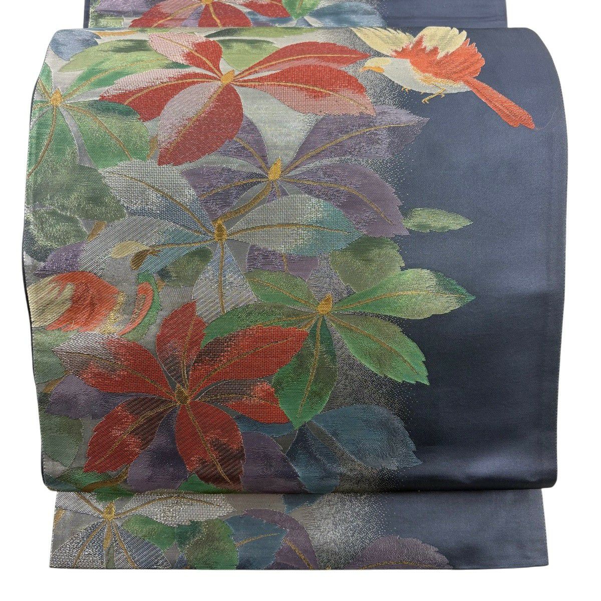 【美品】 袋帶 秀品級 鳥 草花紋 金金箔 青灰 六通 純蠶絲