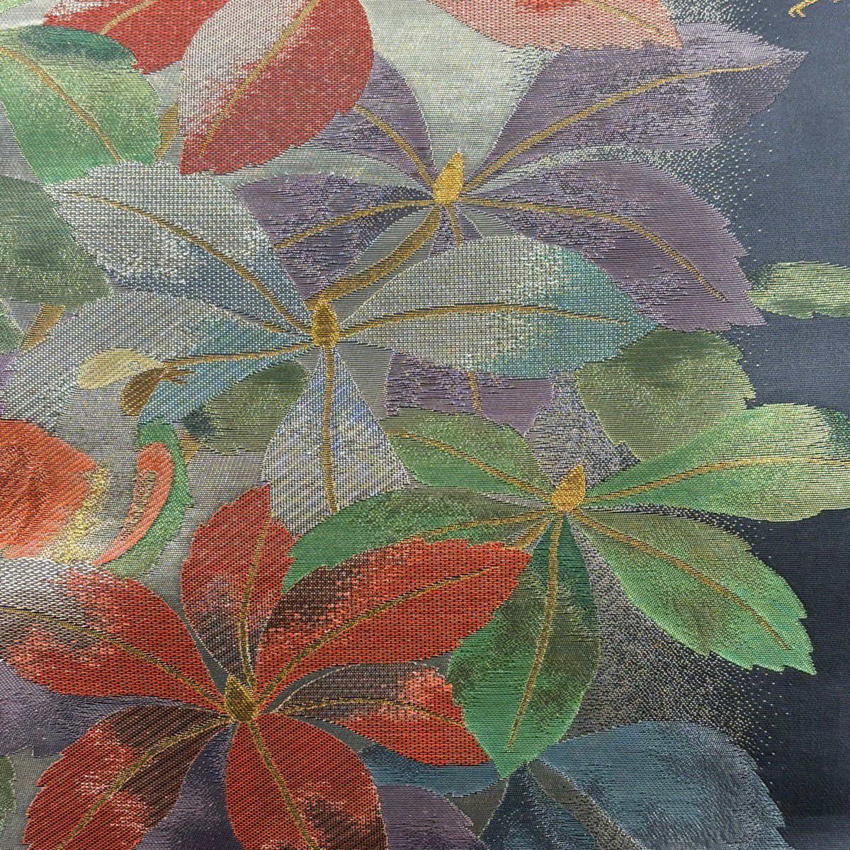 【美品】 袋帶 秀品級 鳥 草花紋 金金箔 青灰 六通 純蠶絲