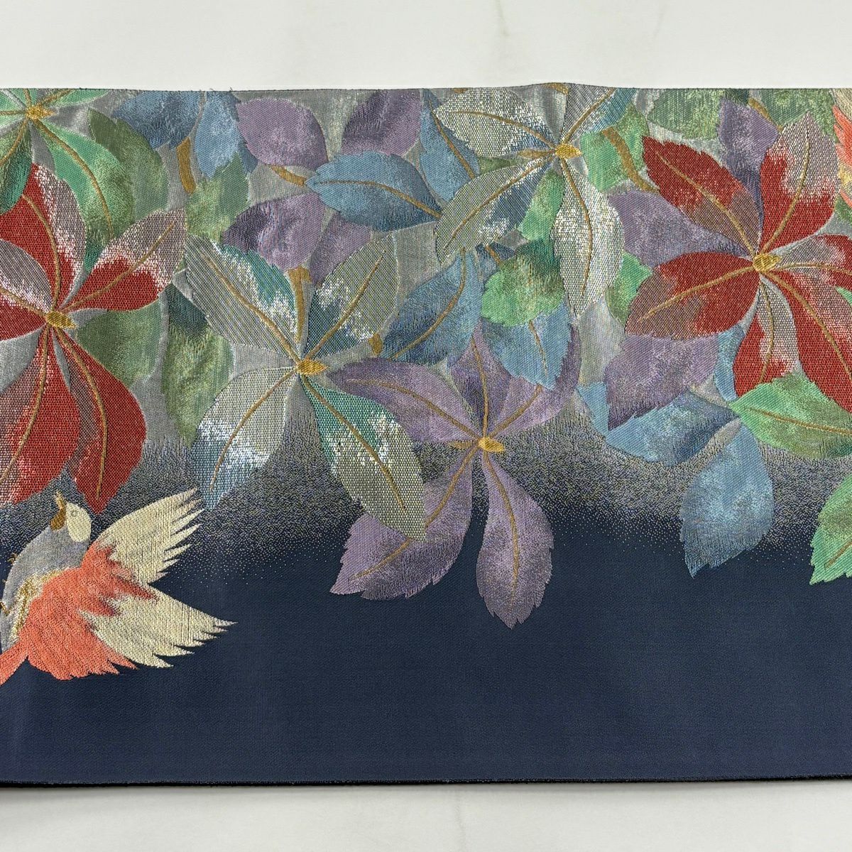 【美品】 袋帶 秀品級 鳥 草花紋 金金箔 青灰 六通 純蠶絲