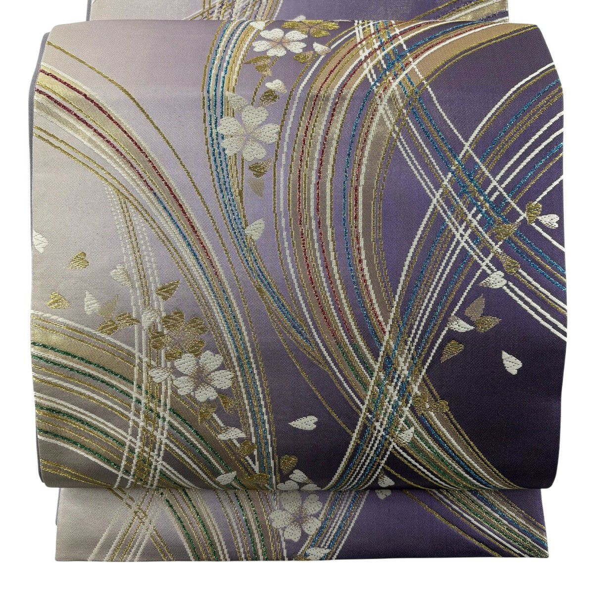 【美品】 袋帶 秀品級 鈴乃屋 櫻花 幾何學 唐織 金絲 淺紫 六通 純蠶絲