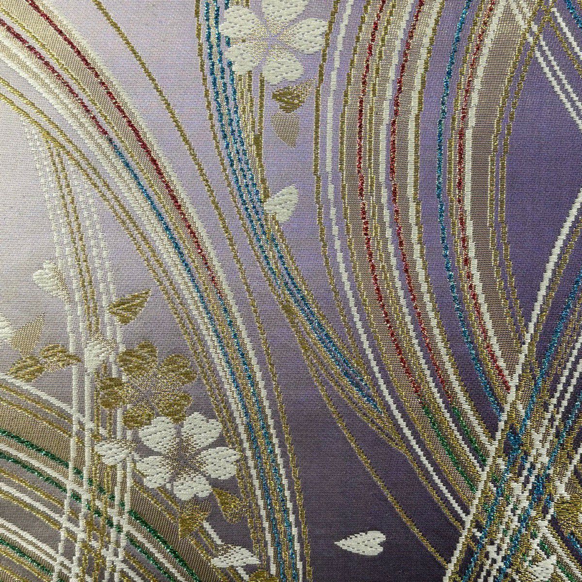 【美品】 袋帶 秀品級 鈴乃屋 櫻花 幾何學 唐織 金絲 淺紫 六通 純蠶絲
