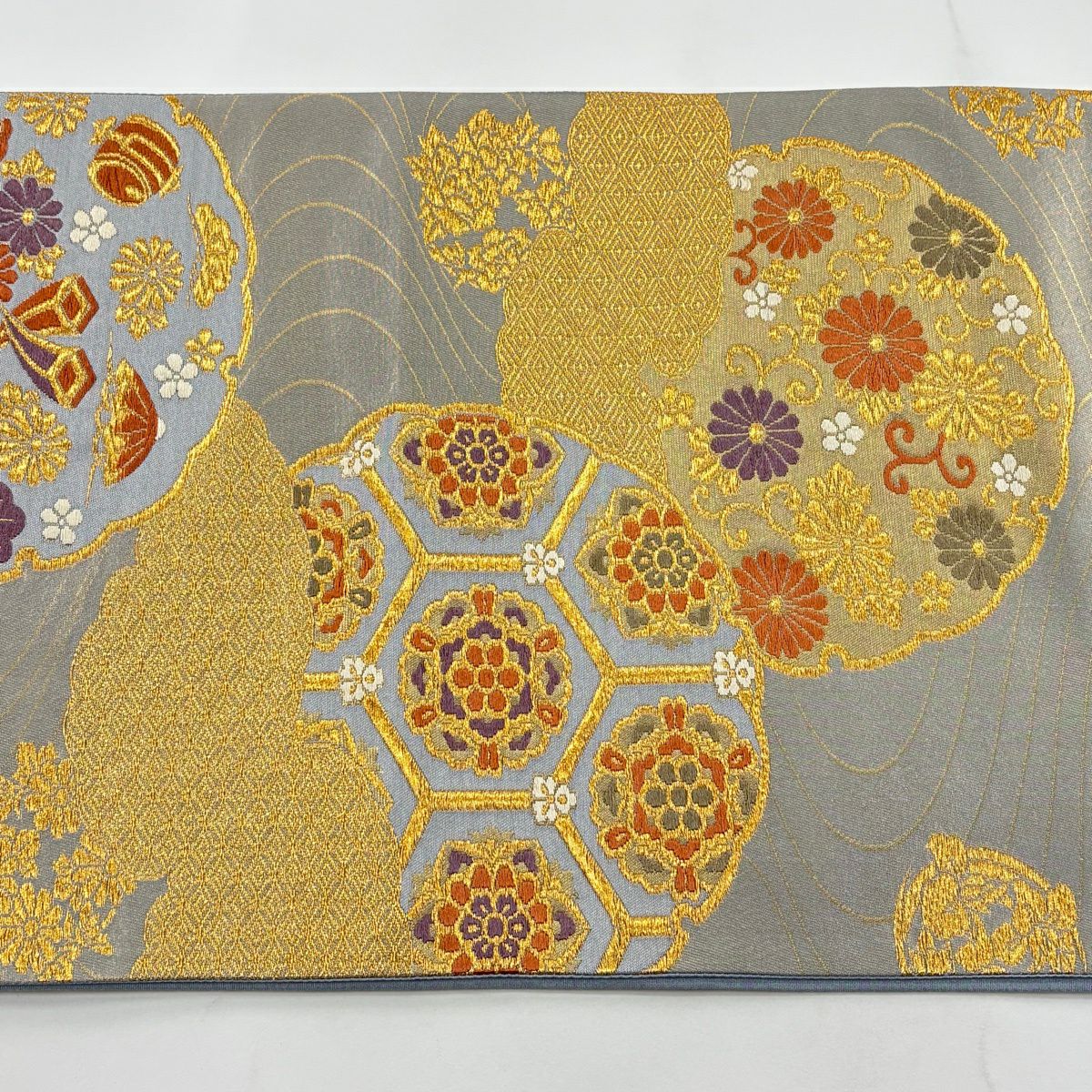 【美品】 袋帶 秀品級 華紋 雪輪 唐織 金糸 銀 六通 純蠶絲