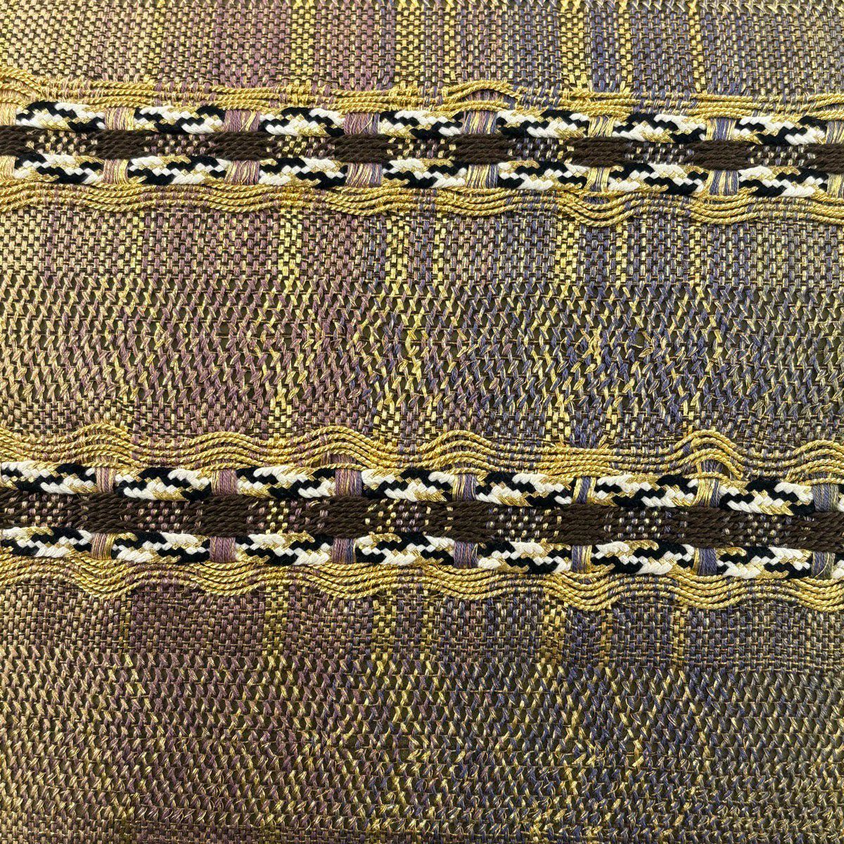 【美品】 袋帶 秀品級 條紋 幾何學 金絲 金色 大鼓圖案 純蠶絲