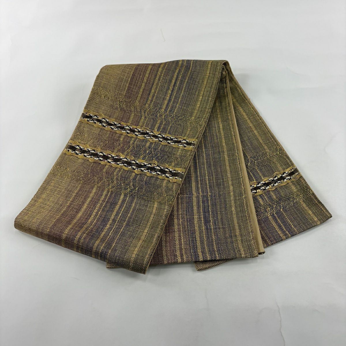 【美品】 袋帶 秀品級 條紋 幾何學 金絲 金色 大鼓圖案 純蠶絲
