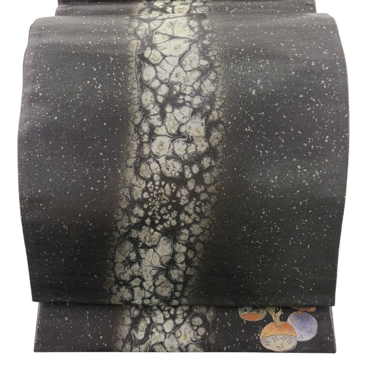 【美品】 袋帶 秀品級 落款あり 幾何學 生物 金金箔 銀銀彩 深紫 お太鼓柄 純蠶絲