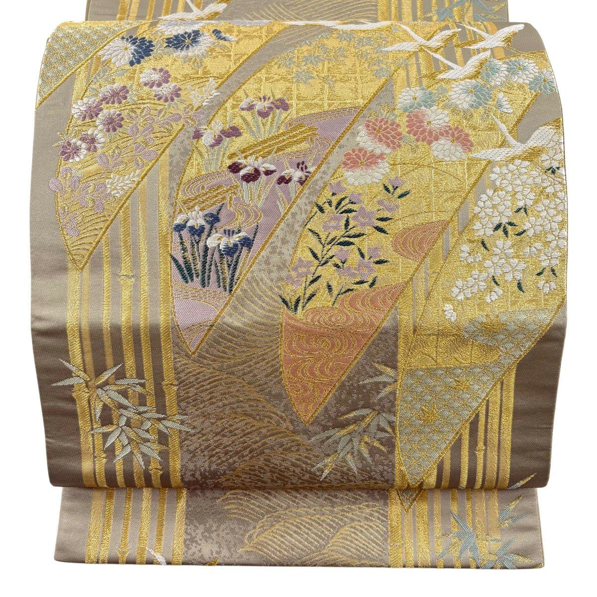 【美品】 袋帶 秀品級 四季彩花 草花紋 仙鶴 金絲 灰綠 六通 純蠶絲