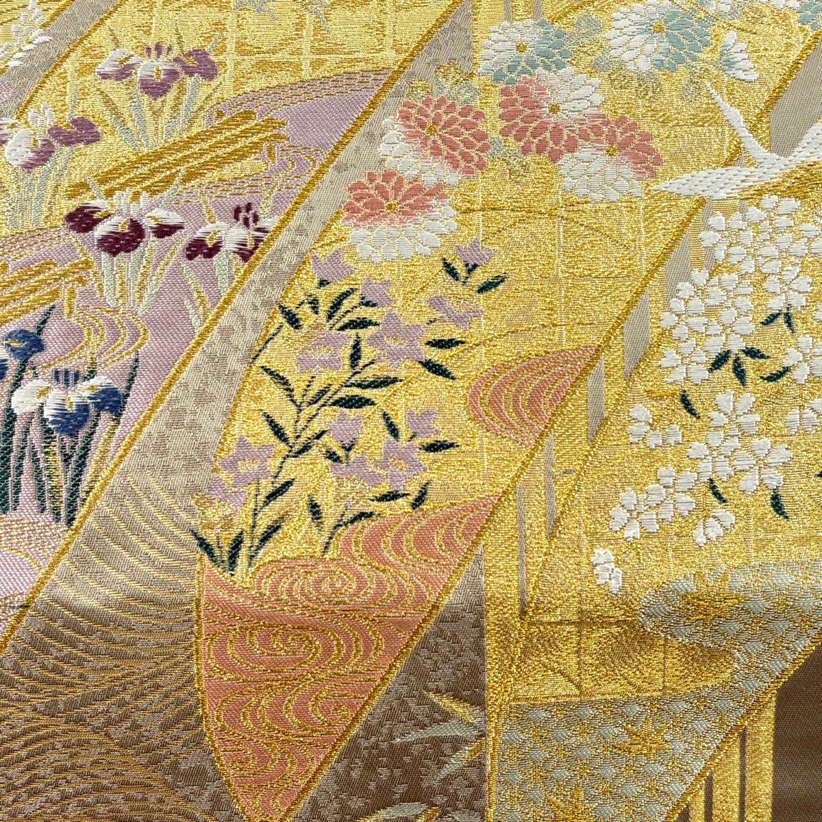 【美品】 袋帶 秀品級 四季彩花 草花紋 仙鶴 金絲 灰綠 六通 純蠶絲