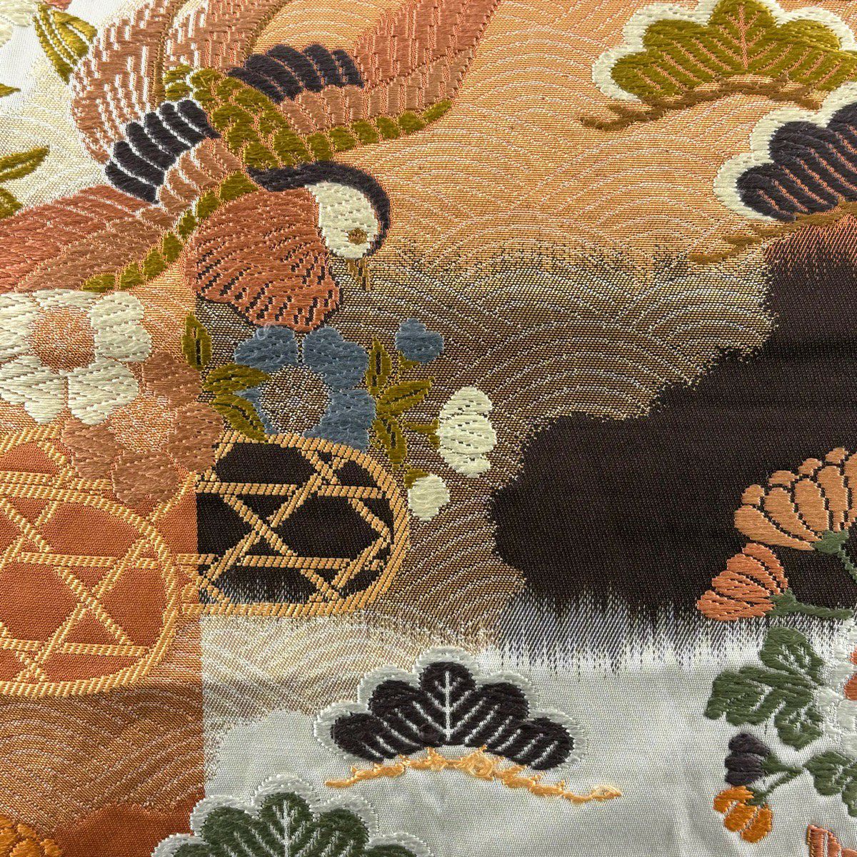 袋帶 秀品級 鴛鴦 草花紋 唐織 金絲 茜 深紅 六通 純蠶絲