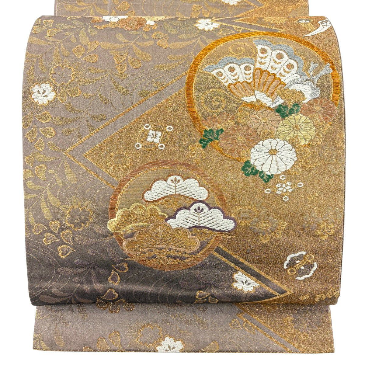 【美品】 袋帶 秀品級 蝶 松樹 唐織 金銀糸 灰紫 六通 純蠶絲