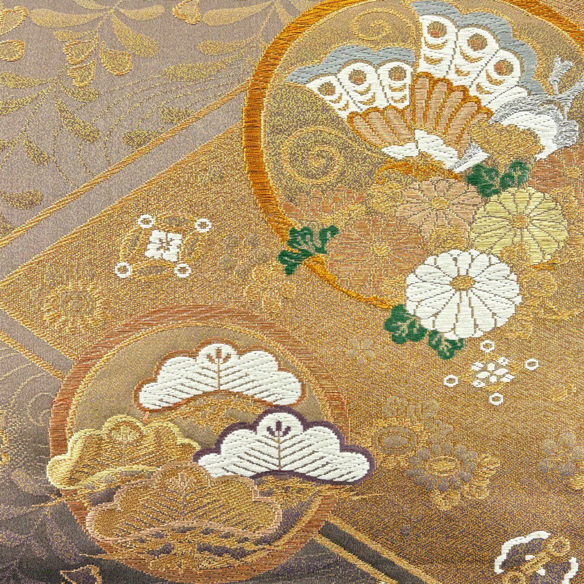 【美品】 袋帶 秀品級 蝶 松樹 唐織 金銀糸 灰紫 六通 純蠶絲
