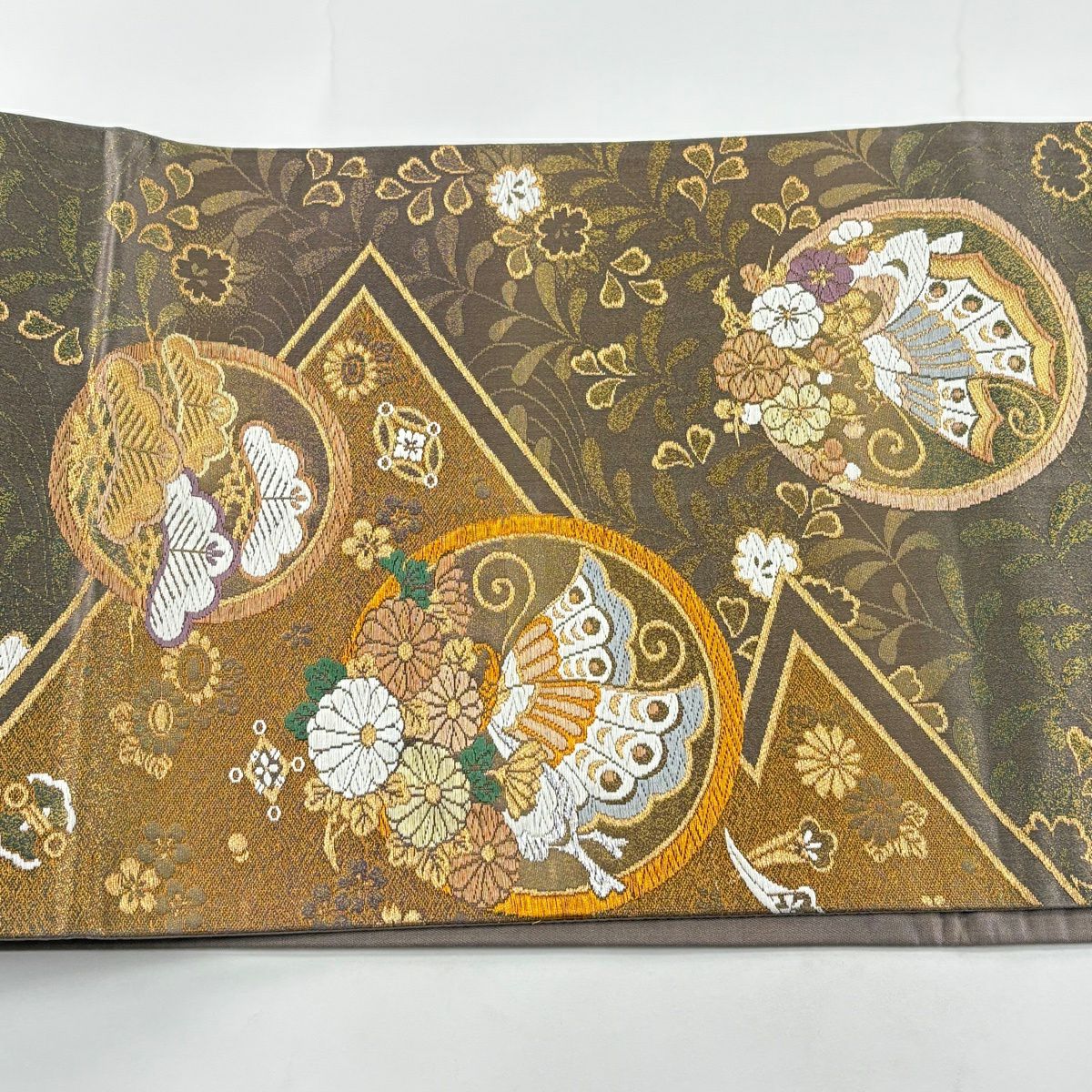 【美品】 袋帶 秀品級 蝶 松樹 唐織 金銀糸 灰紫 六通 純蠶絲