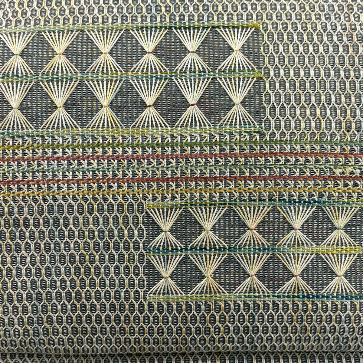 【美品】 名古屋帶 秀品級 八寸名古屋帶 夏帶 龜甲 幾何學 灰色 純蠶絲