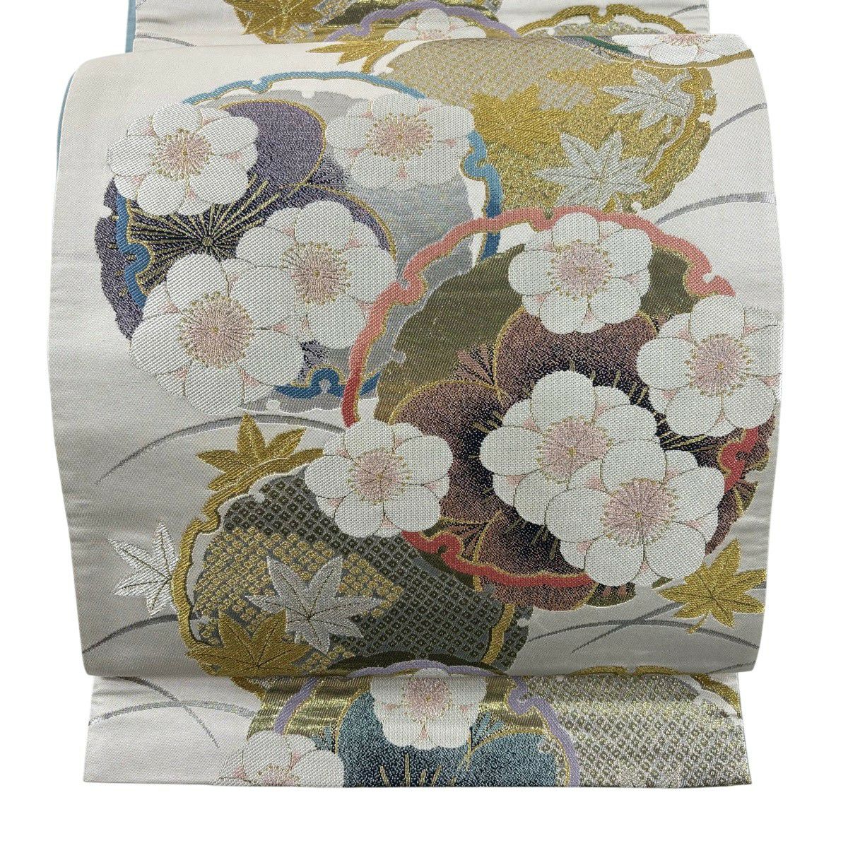 【美品】 袋帶 秀品級 花重疊 梅花 雪輪 金銀線 金金箔 灰白 六通 純蠶絲