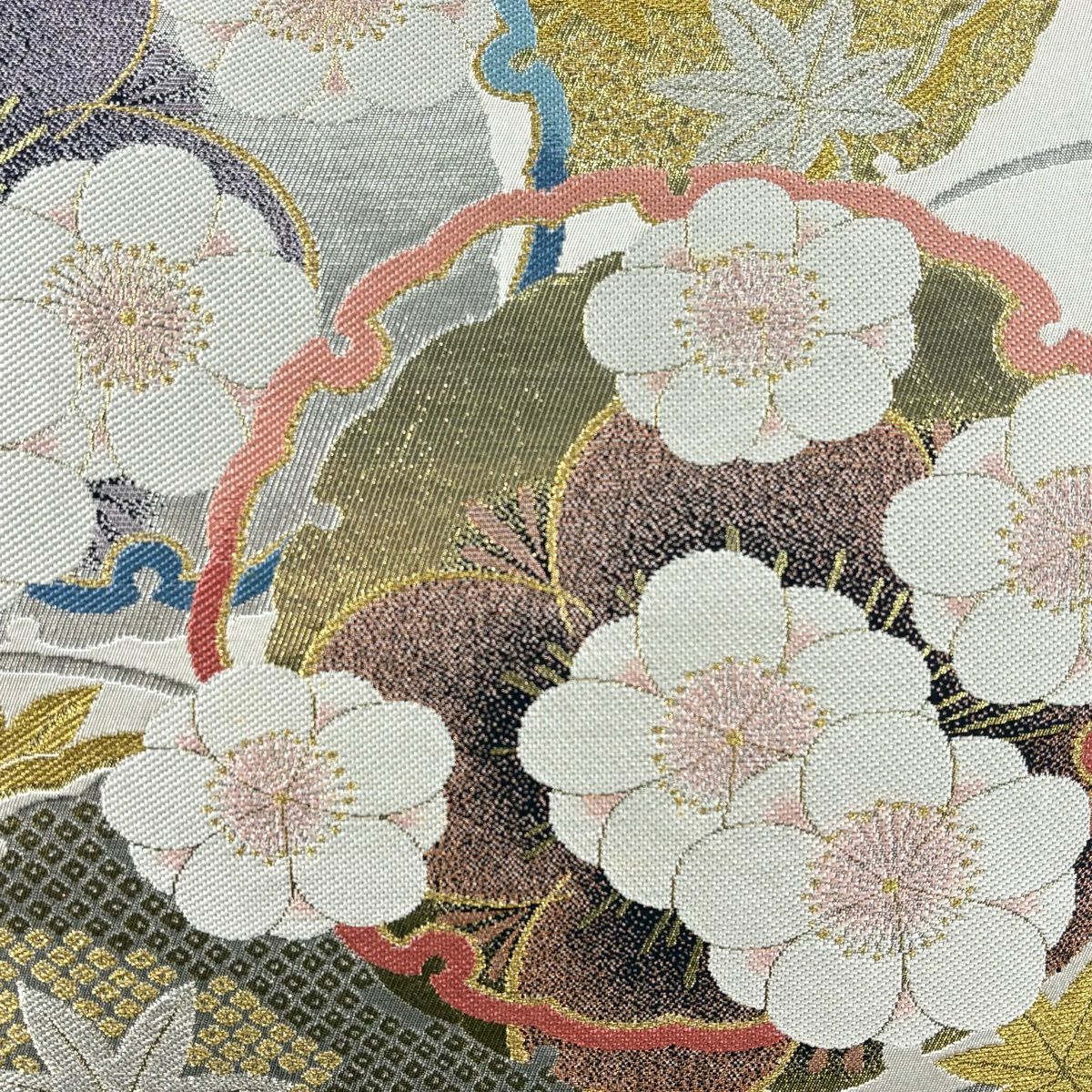 【美品】 袋帶 秀品級 花重疊 梅花 雪輪 金銀線 金金箔 灰白 六通 純蠶絲