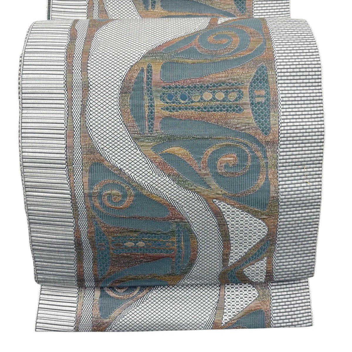 【美品】 名古屋帶 秀品級 八寸名古屋帶 松樹葉仕立 雜紋 幾何學 金金箔 灰色 純蠶絲