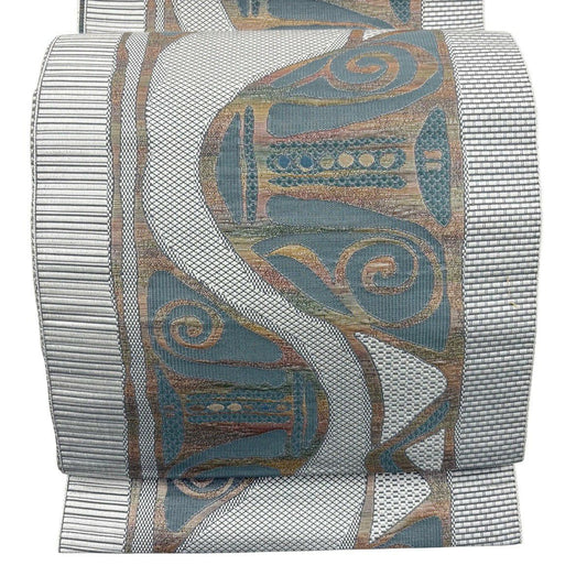 【美品】 名古屋帶 秀品級 八寸名古屋帶 松樹葉仕立 雜紋 幾何學 金金箔 灰色 純蠶絲