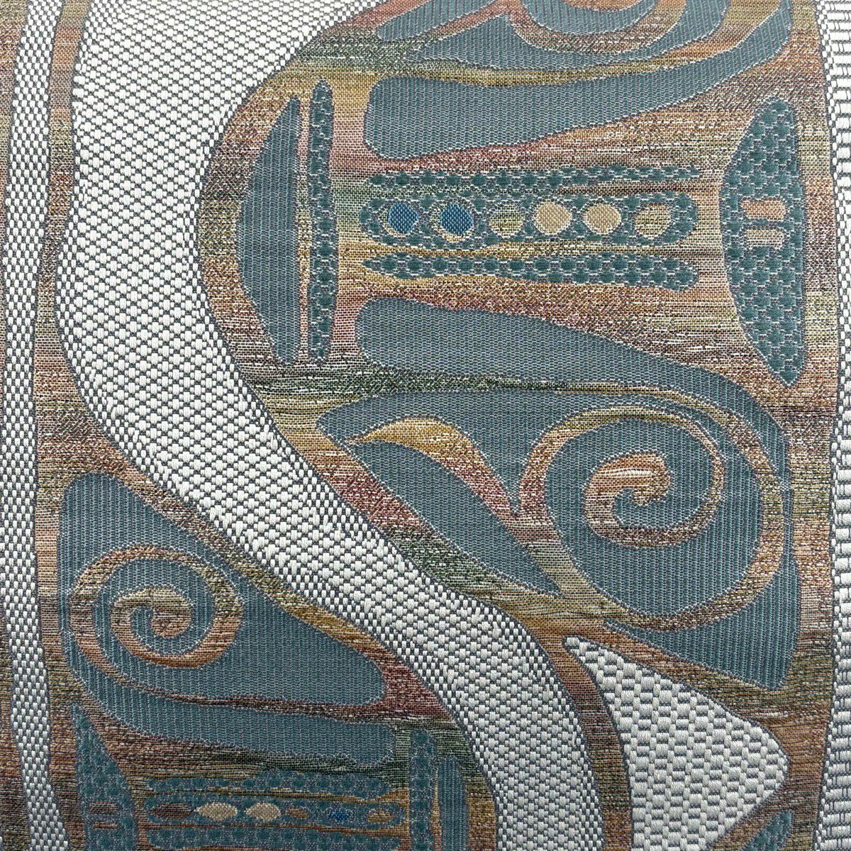 【美品】 名古屋帶 秀品級 八寸名古屋帶 松樹葉仕立 雜紋 幾何學 金金箔 灰色 純蠶絲