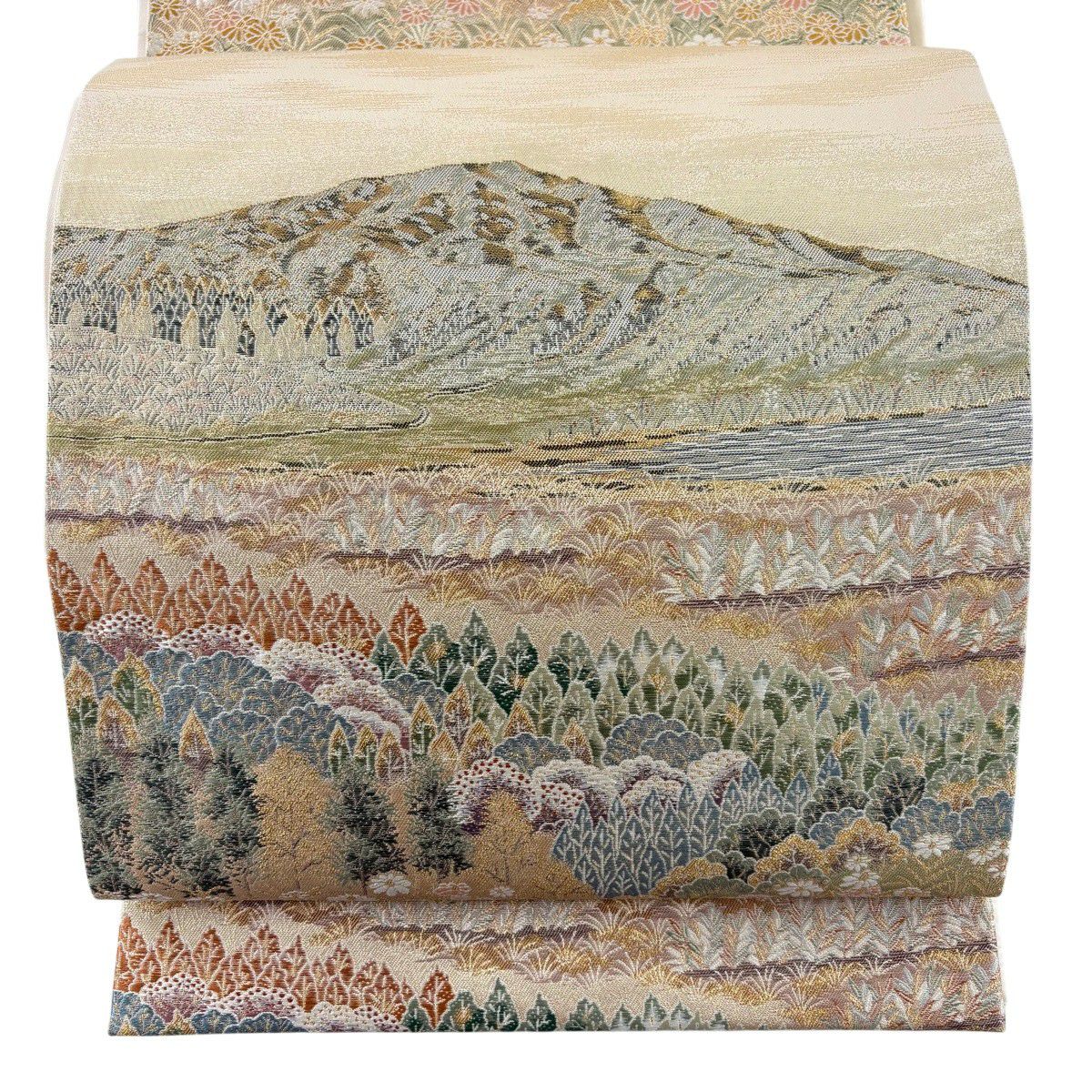 【美品】 袋帶 秀品級 山 草花紋 金絲 金金箔 金色 六通 純蠶絲