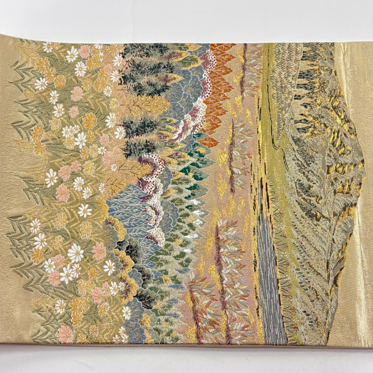 【美品】 袋帶 秀品級 山 草花紋 金絲 金金箔 金色 六通 純蠶絲