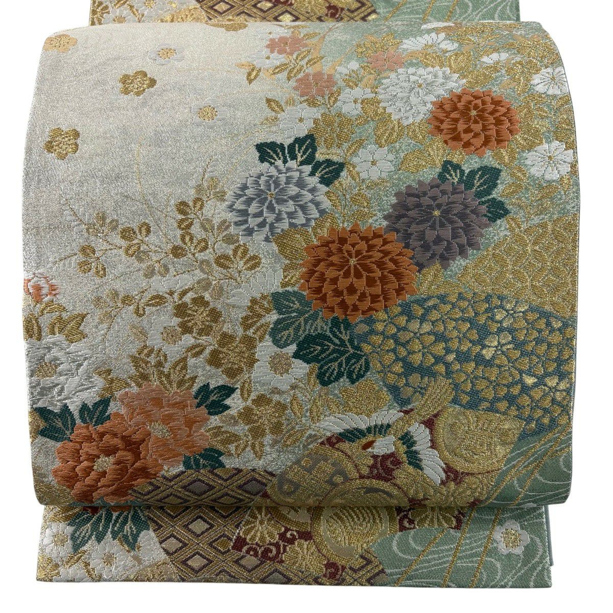 【美品】 袋帶 秀品級 花鳥 寶盡くし 唐織 金銀絲 淺綠 六通 純蠶絲