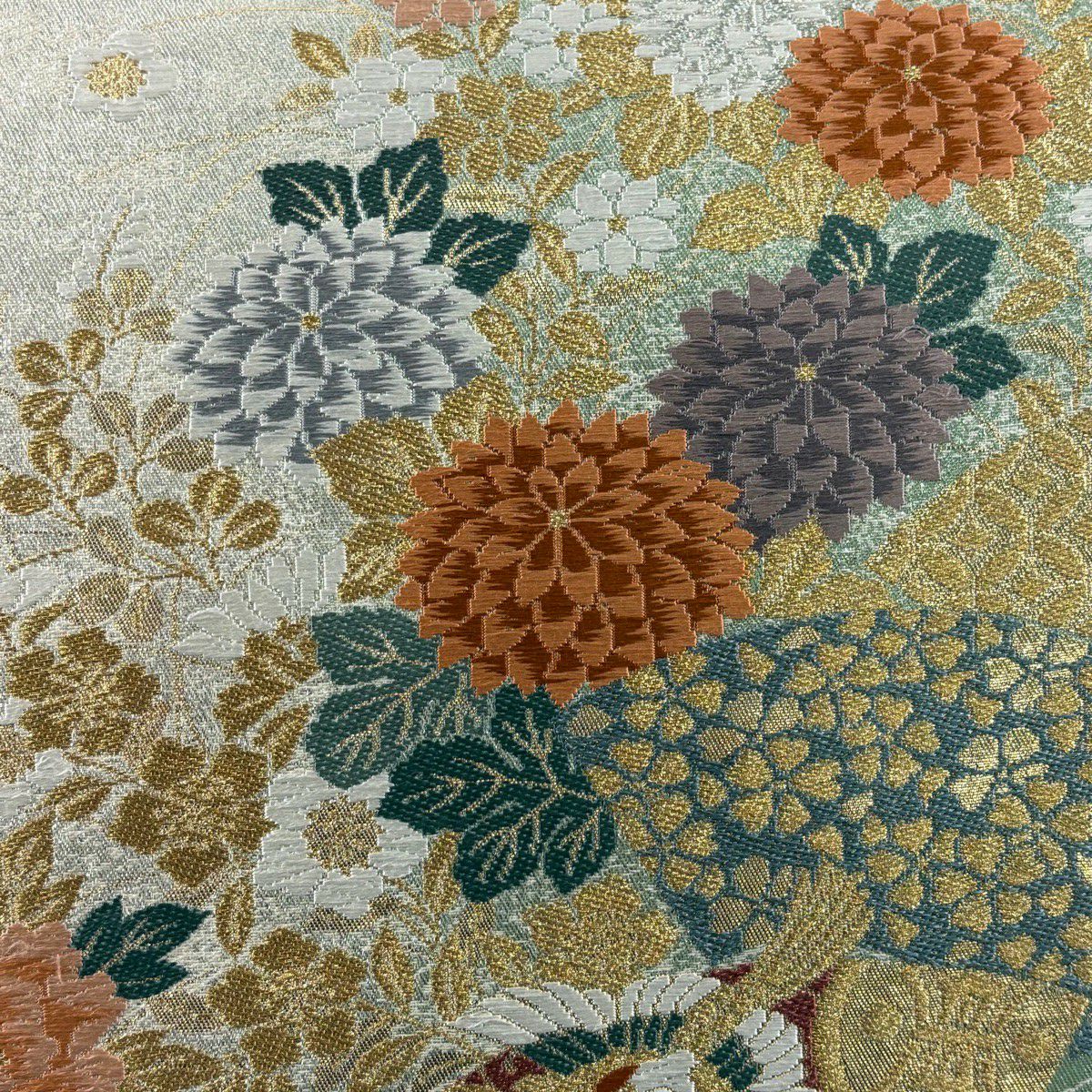 【美品】 袋帶 秀品級 花鳥 寶盡くし 唐織 金銀絲 淺綠 六通 純蠶絲