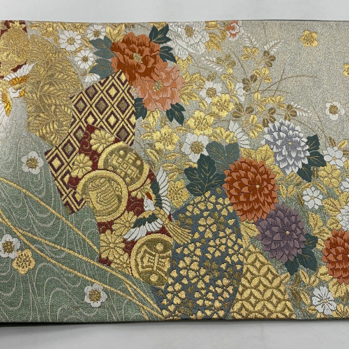 【美品】 袋帶 秀品級 花鳥 寶盡くし 唐織 金銀絲 淺綠 六通 純蠶絲