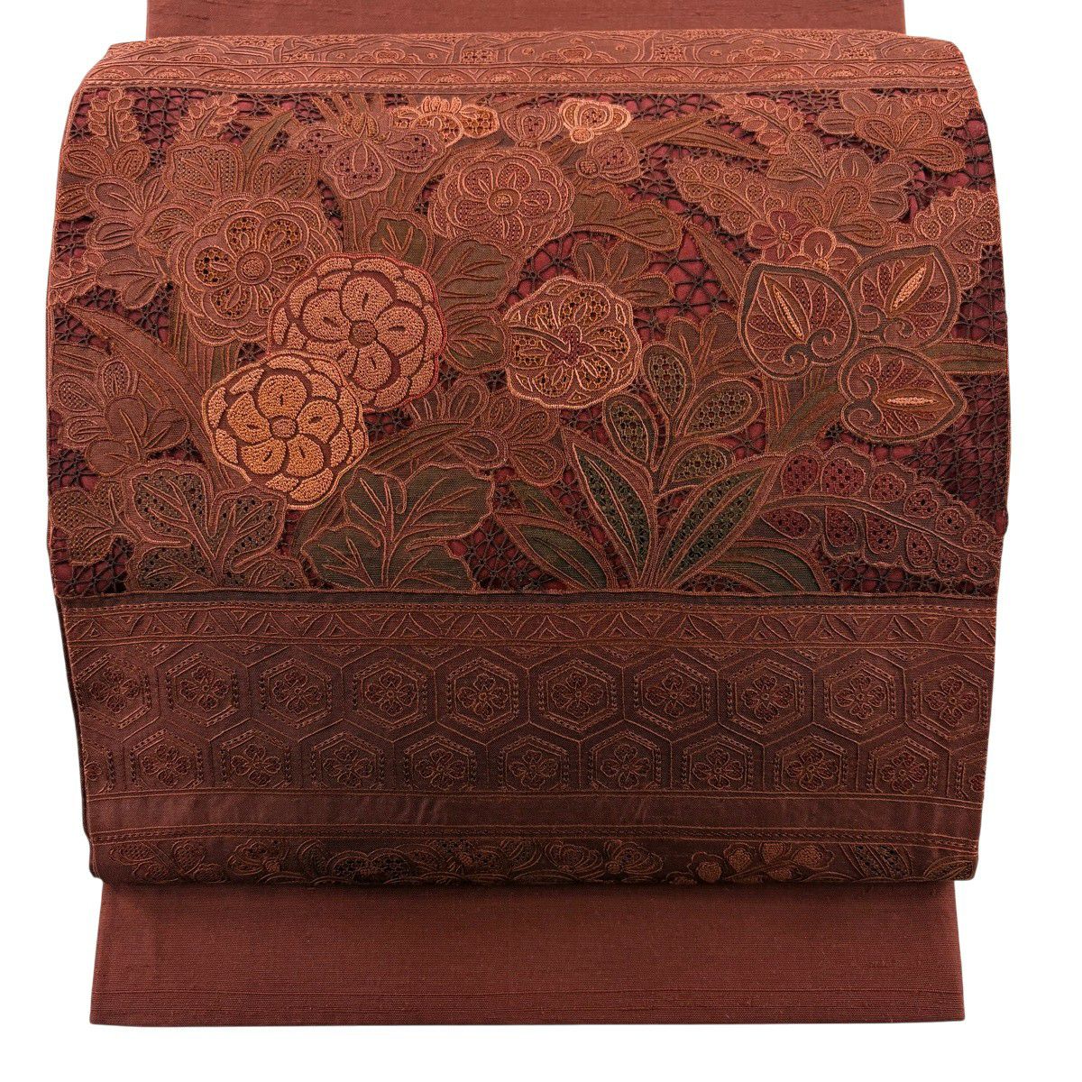 【美品】 袋帶 秀品級 紬織織 草花紋紋 龜甲刺繡 深紅色 大鼓圖案 純蠶絲
