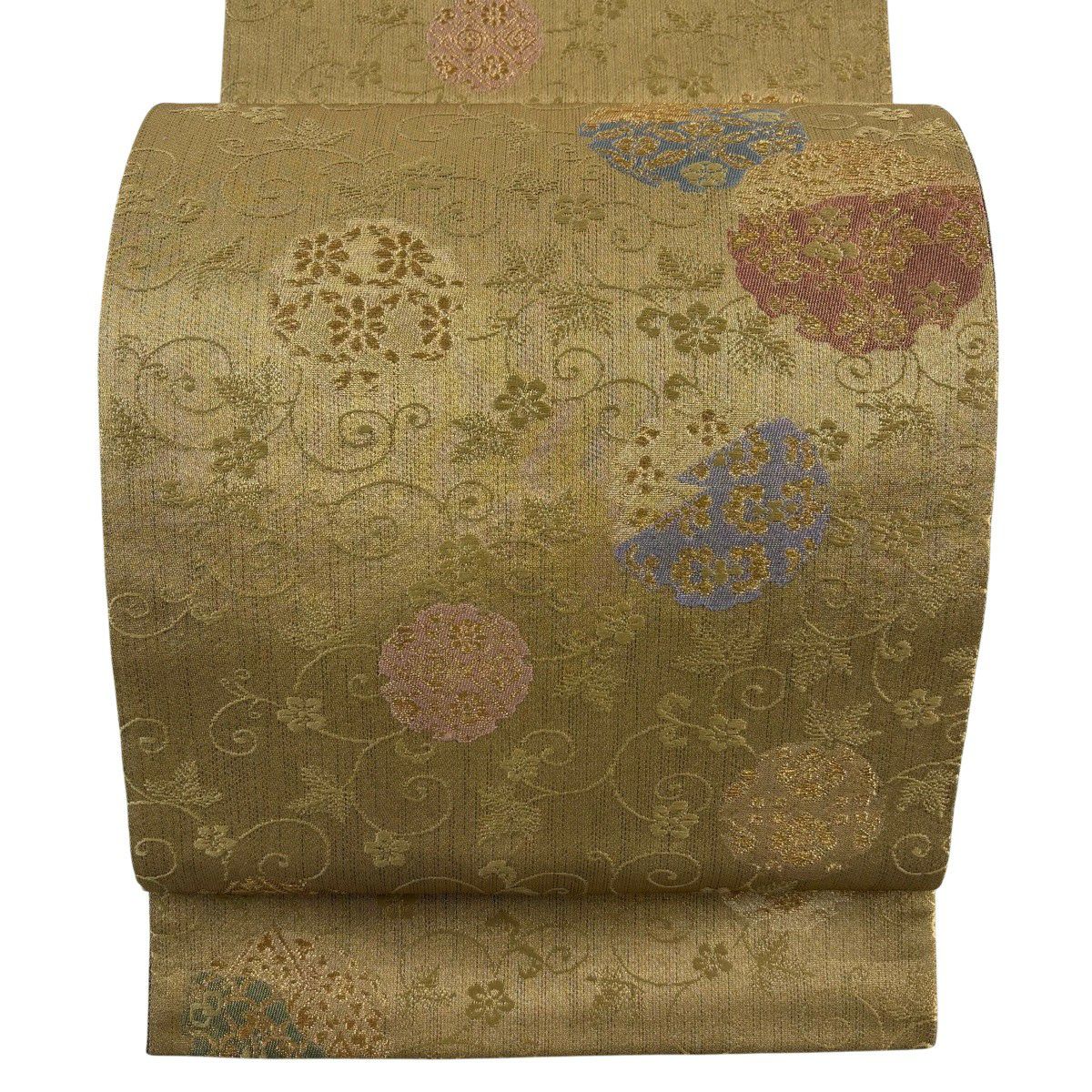 【美品】 袋帶 秀品級 雪輪 草花紋 金絲 金金箔 金色 全通 純蠶絲