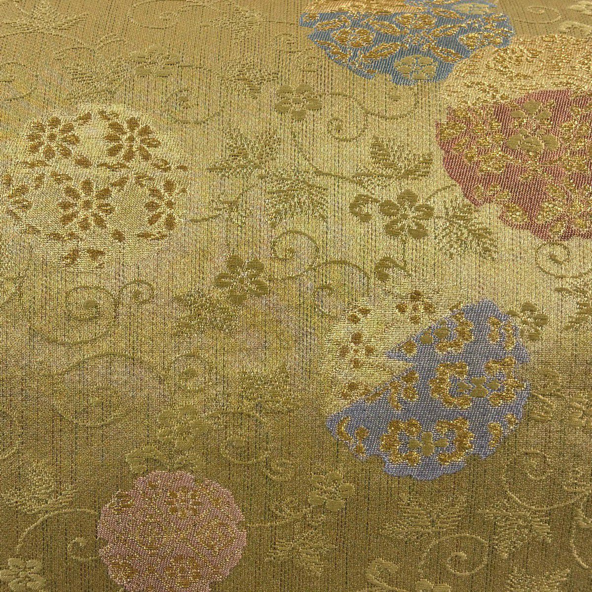 【美品】 袋帶 秀品級 雪輪 草花紋 金絲 金金箔 金色 全通 純蠶絲