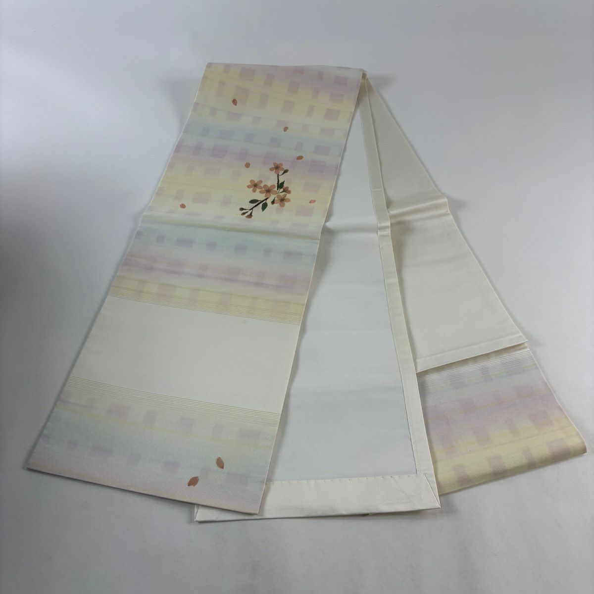 開口名古屋帶 優品級 有落款 櫻花 漸層 淺黃 純蠶絲