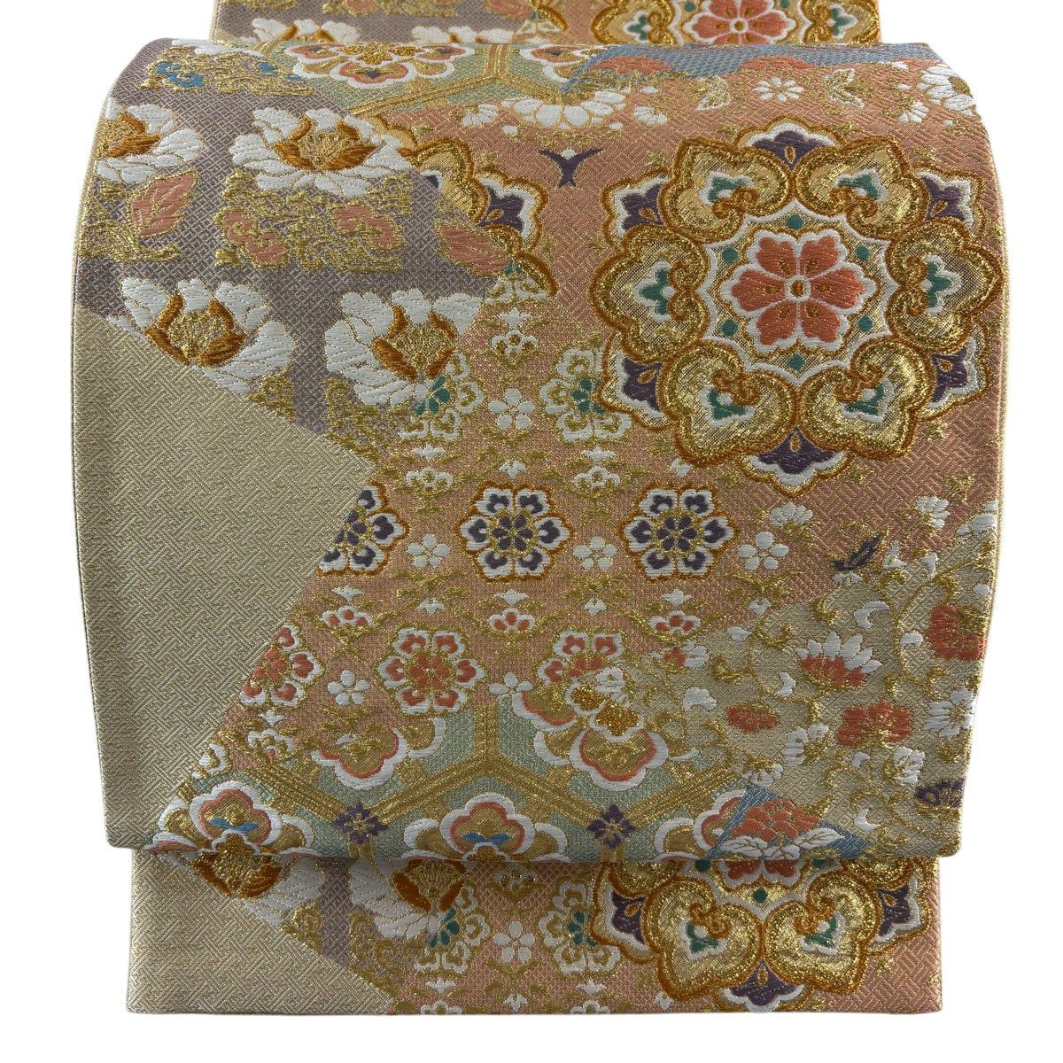 【美品】 袋帶 秀品級 華紋 裂取 金絲 金金箔 金色 六通 純蠶絲