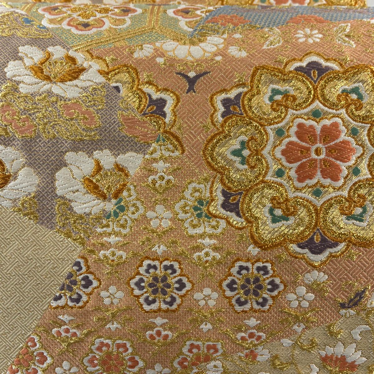 【美品】 袋帶 秀品級 華紋 裂取 金絲 金金箔 金色 六通 純蠶絲