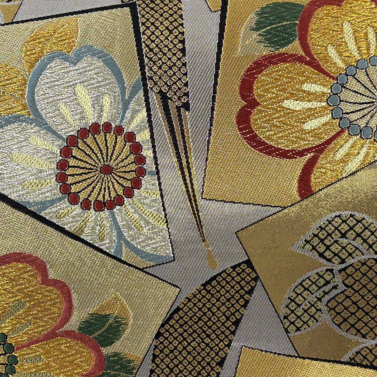 【美品】 袋帶 秀品級 振袖禮服禮服用 色紙 櫻花 金銀線 金金箔 銀色 六通 純蠶絲