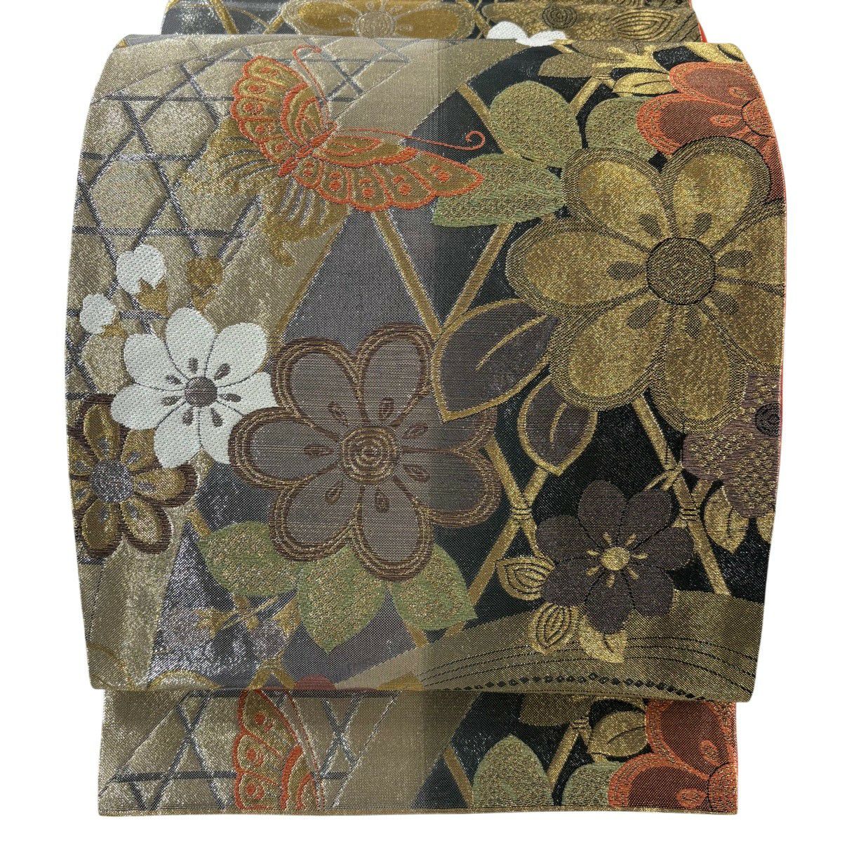 【美品】 袋帶 秀品級 振袖禮服禮服用 花 蝶 金絲 金金箔 銀 六通 純蠶絲