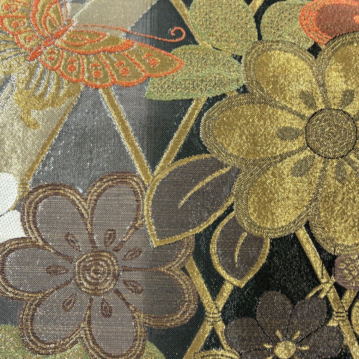 【美品】 袋帶 秀品級 振袖禮服禮服用 花 蝶 金絲 金金箔 銀 六通 純蠶絲