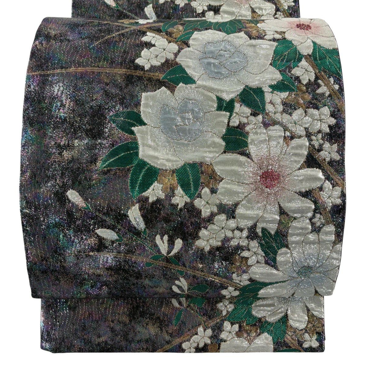 【美品】 袋帶 秀品級 振袖禮服禮服用 草花紋紋 金金箔 拉麵 銀 六通 純蠶絲