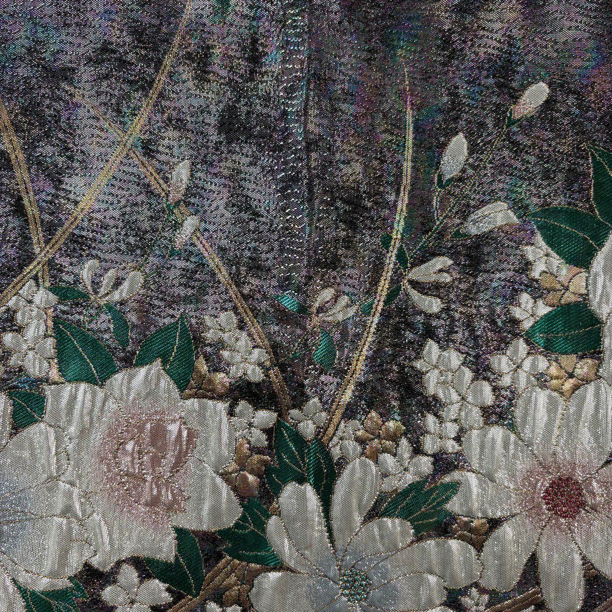 【美品】 袋帶 秀品級 振袖禮服禮服用 草花紋紋 金金箔 拉麵 銀 六通 純蠶絲