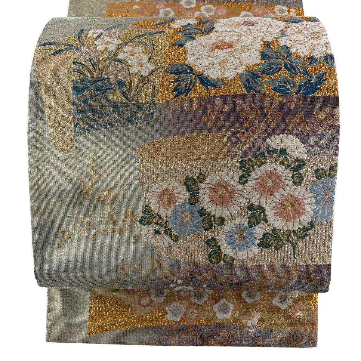 【美品】 袋帶 秀品級 卷物 草花紋 金銀糸 金金箔 金色 六通 純蠶絲