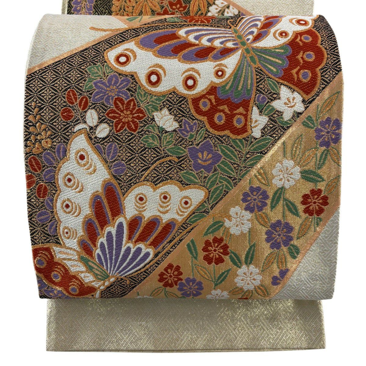 【美品】 袋帶 秀品級 振袖禮服禮服用 藤 蝶 金絲 金金箔 金色 六通 純蠶絲