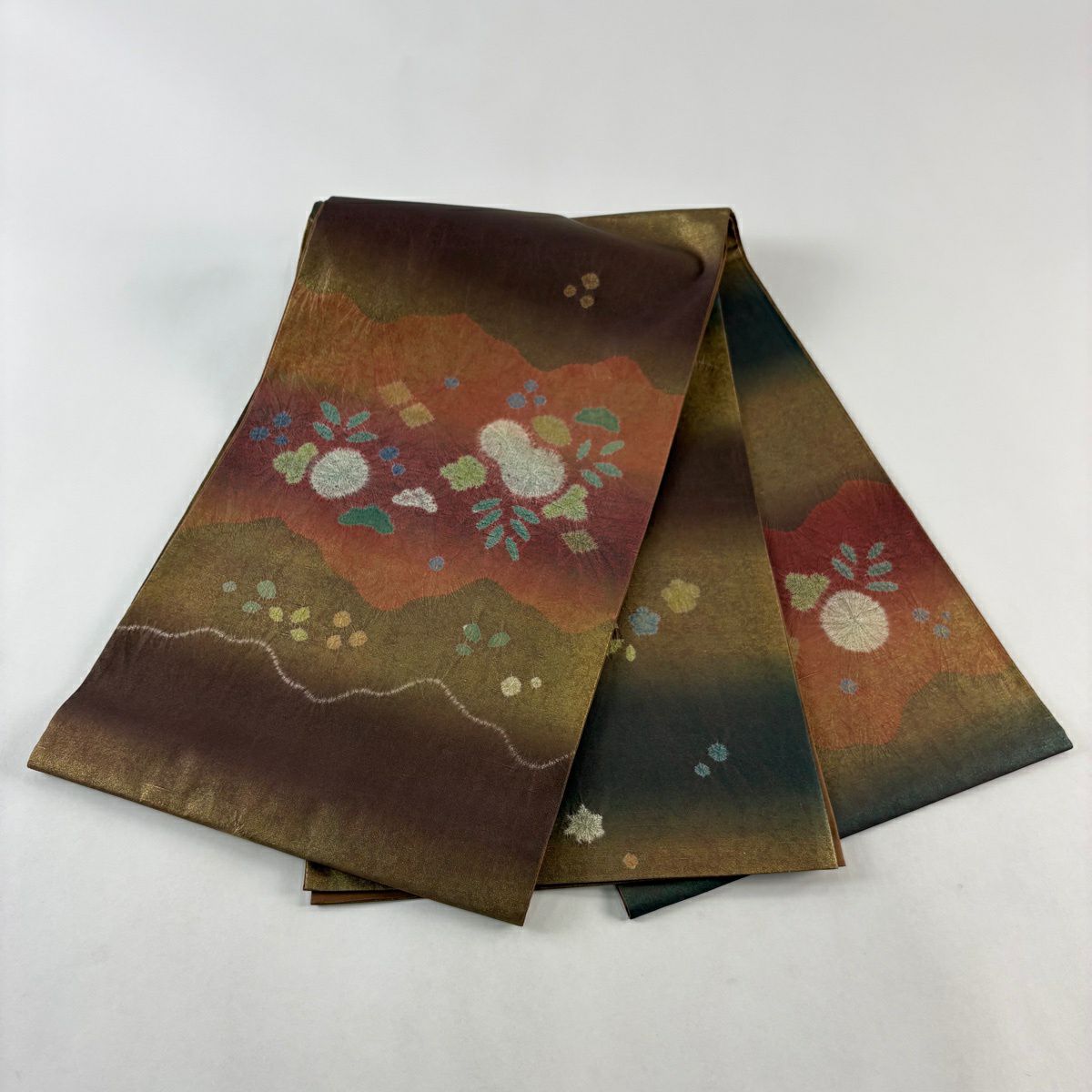 【美品】 袋帶 秀品級 紬織織 草花紋紋 絞染 金彩裝飾 茶