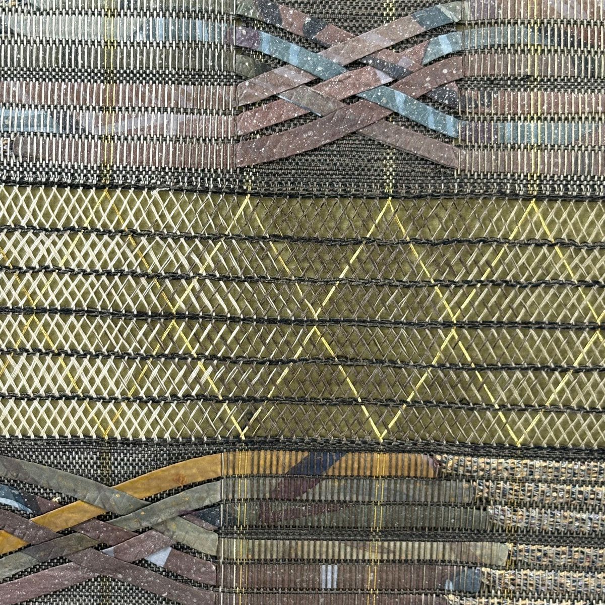 【美品】 袋帶 秀品級 縞 幾何學 金絲 灰綠 お太鼓圖案 純蠶絲