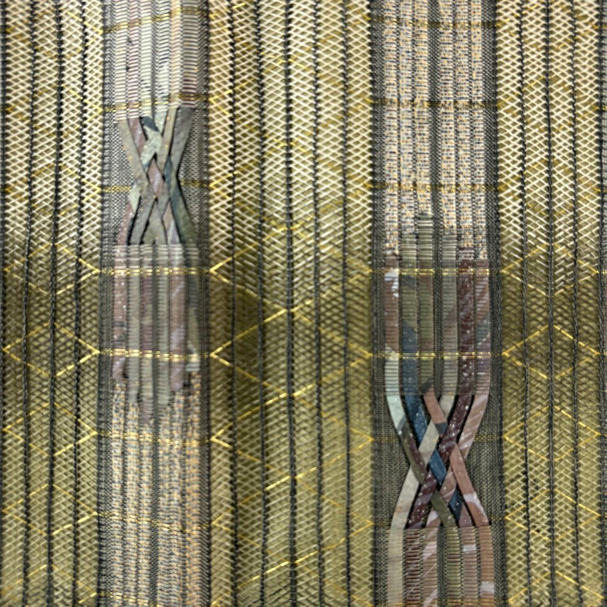 【美品】 袋帶 秀品級 縞 幾何學 金絲 灰綠 お太鼓圖案 純蠶絲