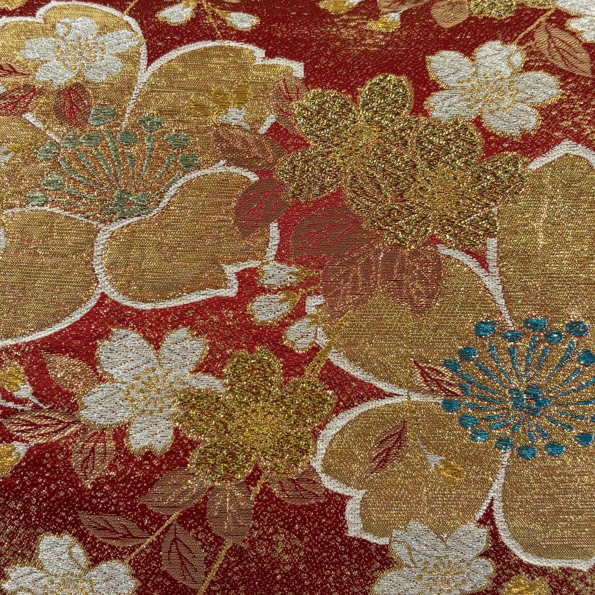 袋帶 秀品級 振袖禮服禮服用 櫻花 金線 金金箔 紅 六通 純蠶絲