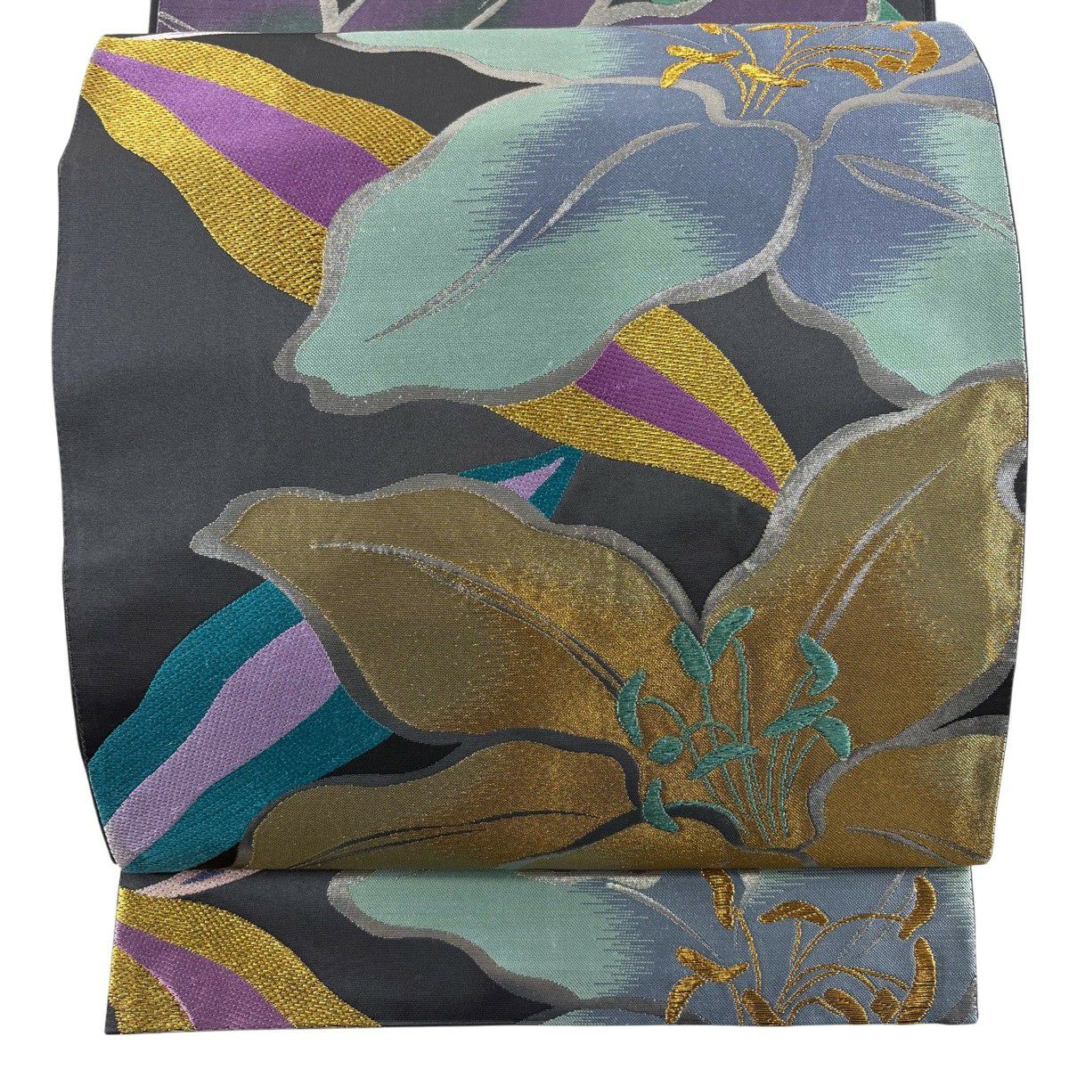 【美品】 袋帶 秀品級 草花紋 金糸 金金箔 黑灰 六通 純蠶絲