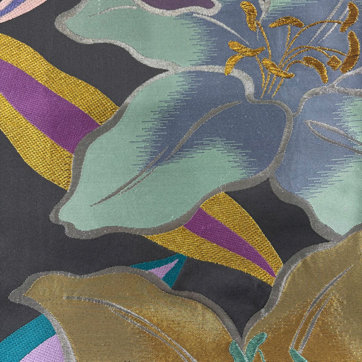 【美品】 袋帶 秀品級 草花紋 金糸 金金箔 黑灰 六通 純蠶絲