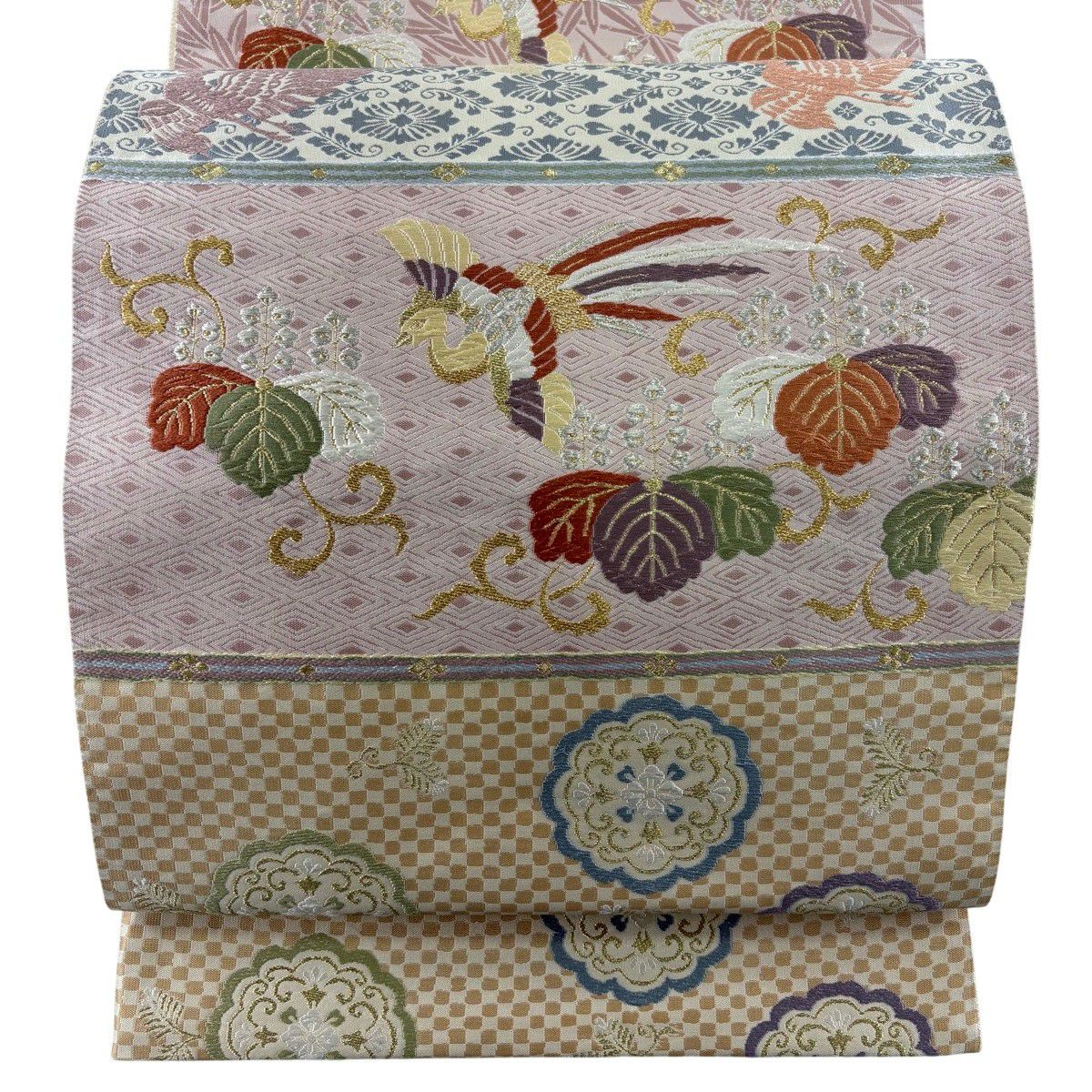 【美品】 袋帶 秀品級 吉祥有職文盡花鳥 唐織 金銀糸 米色 六通 純蠶絲