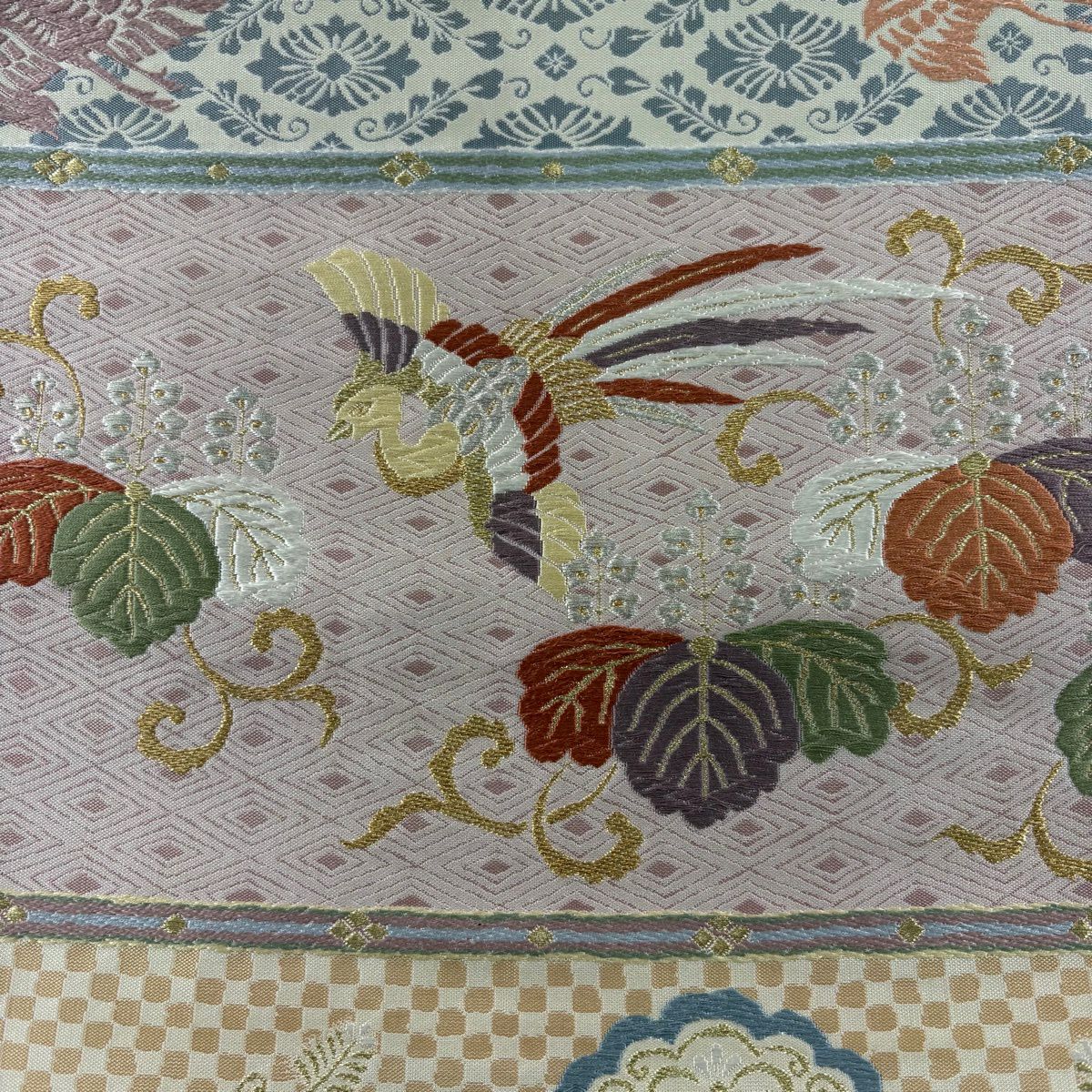 【美品】 袋帶 秀品級 吉祥有職文盡花鳥 唐織 金銀糸 米色 六通 純蠶絲