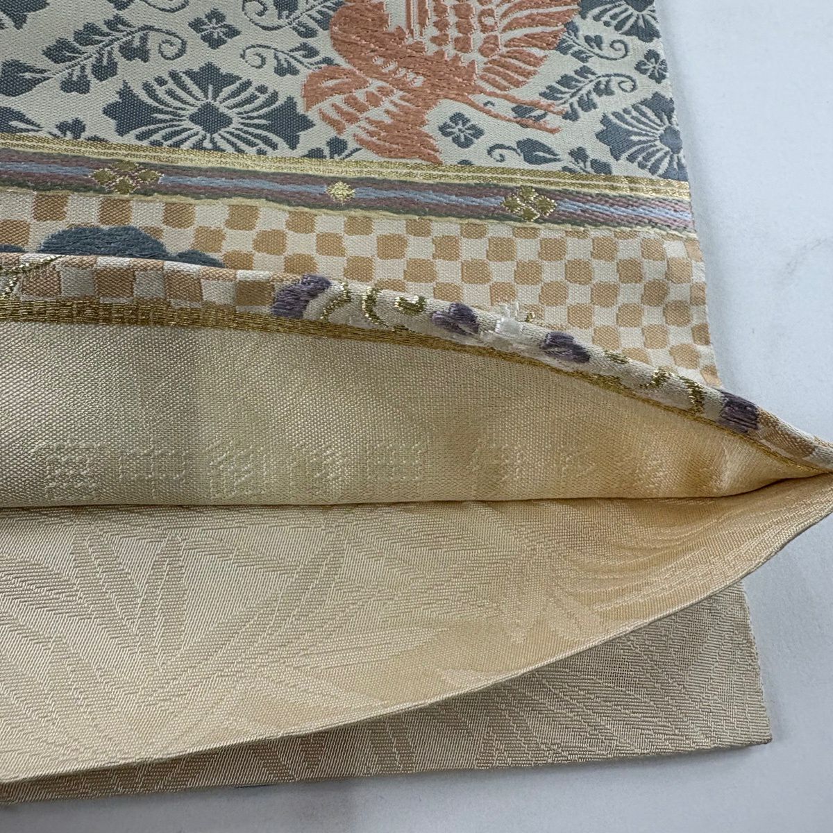 【美品】 袋帶 秀品級 吉祥有職文盡花鳥 唐織 金銀糸 米色 六通 純蠶絲