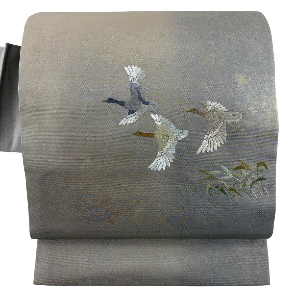 名古屋帶 秀品級 鳥葉紋刺繡金金箔 灰紫 純蠶絲