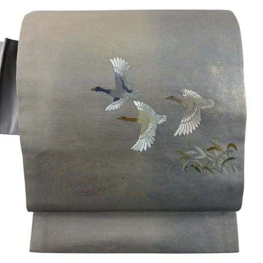 名古屋帶 秀品級 鳥葉紋刺繡金金箔 灰紫 純蠶絲